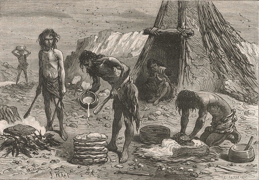 Древние люди готовят хлебные лепешки